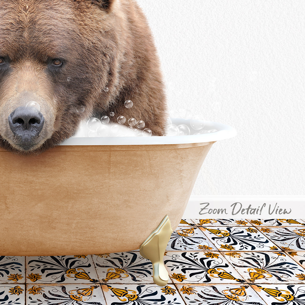 A brown bear is sitting in a bathtub filled with bubbles, with a patterned tile floor in the foreground.