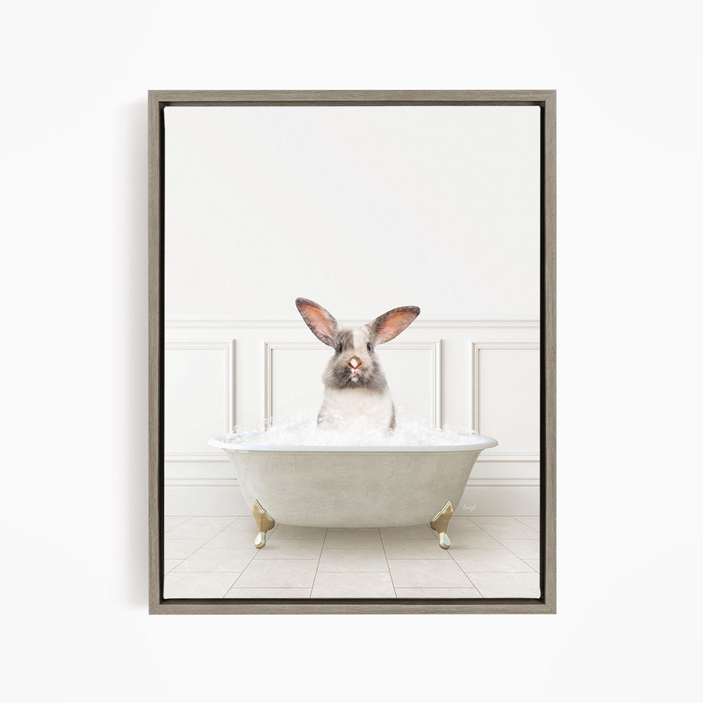 A white rabbit sitting in a white bathtub filled with water, with its head poking out of the tub.