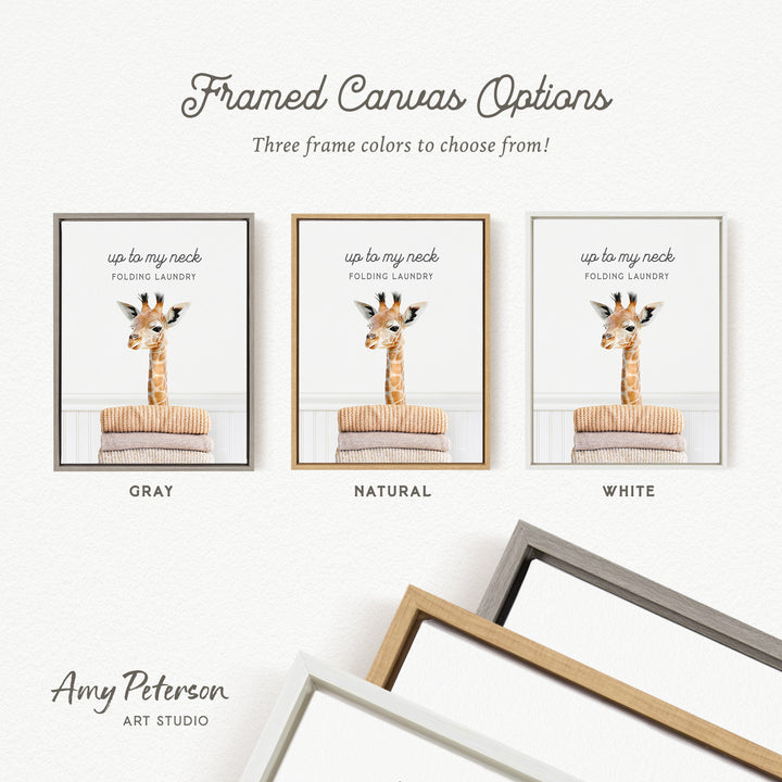 The image is a framed canvas with three different color options for a giraffe-themed artwork.