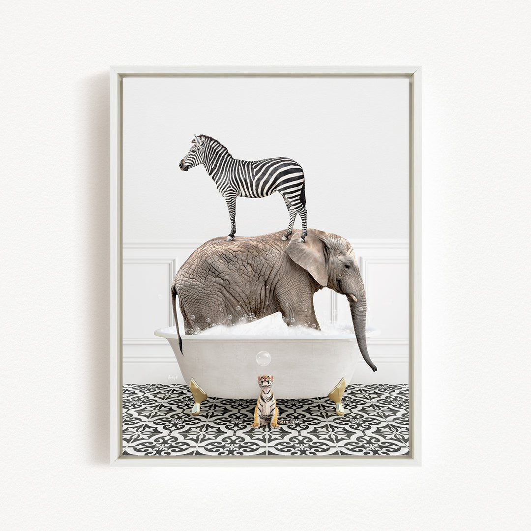 A zebra stands on the back of an elephant, which is sitting in a bathtub, with a tiger standing nearby.
