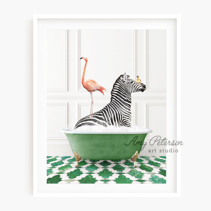 a picture of a zebra and a flamingo in a bathtub