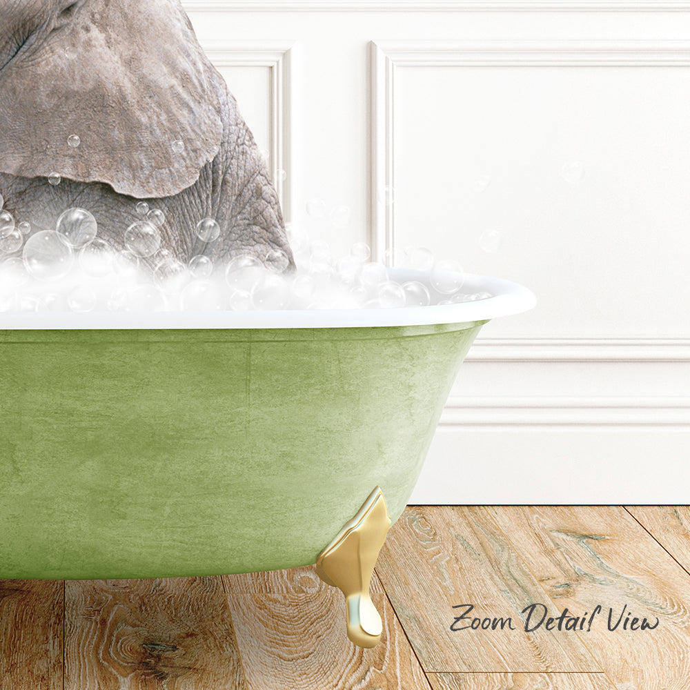 A green bathtub filled with bubbles, with a large elephant partially submerged in the water.
