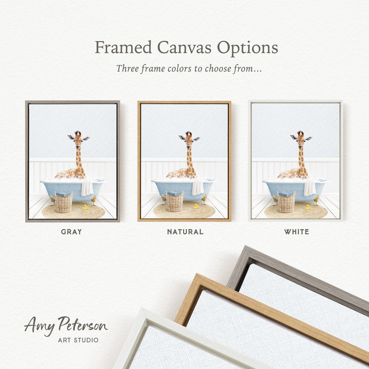 The image is a framed canvas option showcasing three different frame colors: gray, natural, and white. The canvas features a giraffe sitting in a bathtub, and the frame color options are displayed below the canvas.