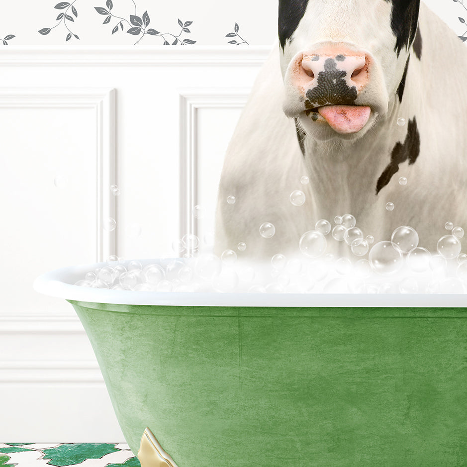 a cow sticking its tongue out in a bathtub