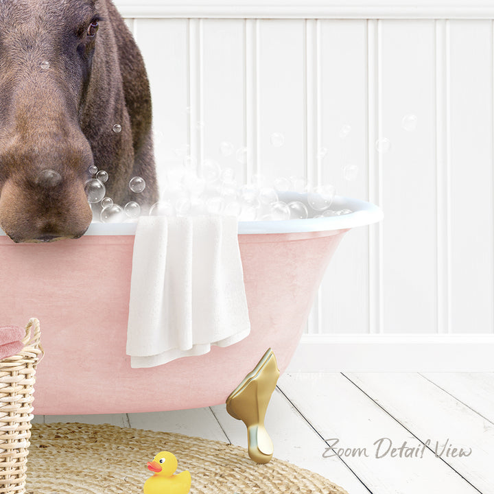 A dog is standing in a pink bathtub filled with bubbles, surrounded by a yellow rubber duck and a white towel.