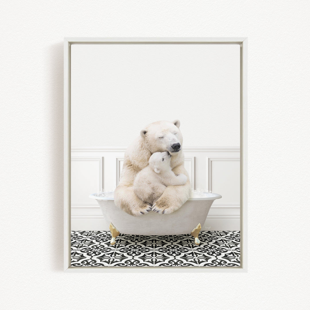 A polar bear sitting in a bathtub, with its head resting on a baby polar bear.