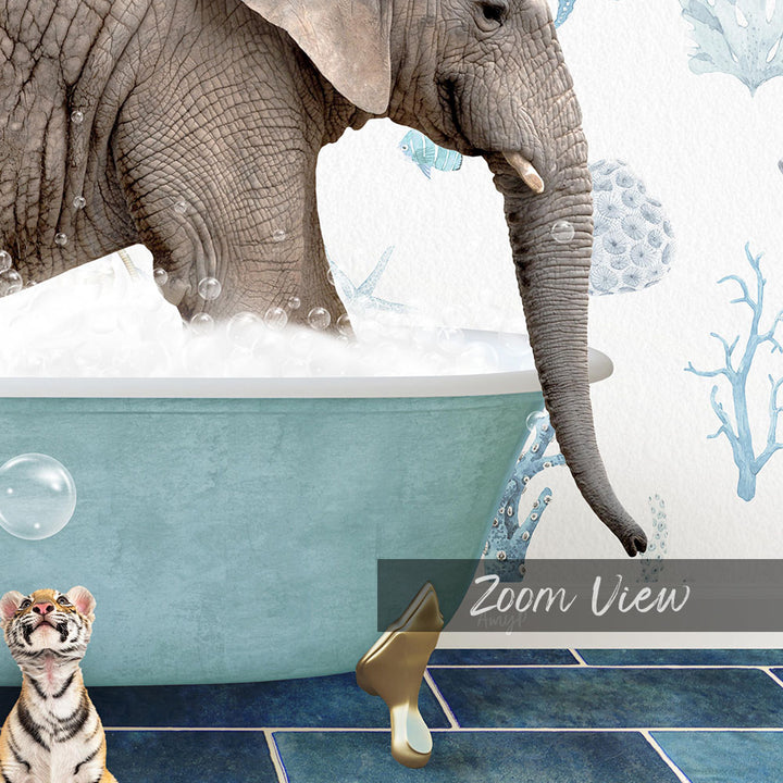 A large elephant is bathing in a blue bathtub, surrounded by bubbles, while a tiger sits nearby on the floor.
