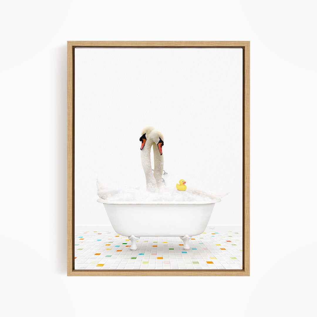 A white swan standing in a white bathtub filled with bubbles, with a yellow rubber duck floating in the water.