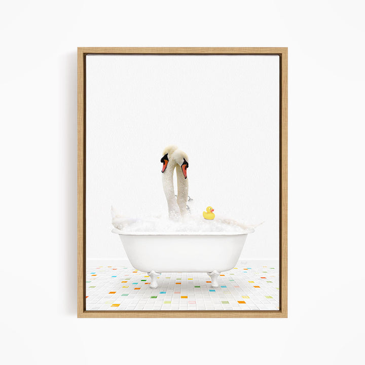 A white swan standing in a white bathtub filled with bubbles, with a yellow rubber duck floating in the water.