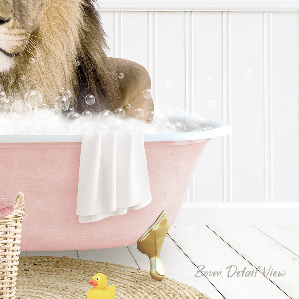 A lion is sitting in a pink bathtub filled with bubbles, surrounded by a yellow rubber duck and a white towel.