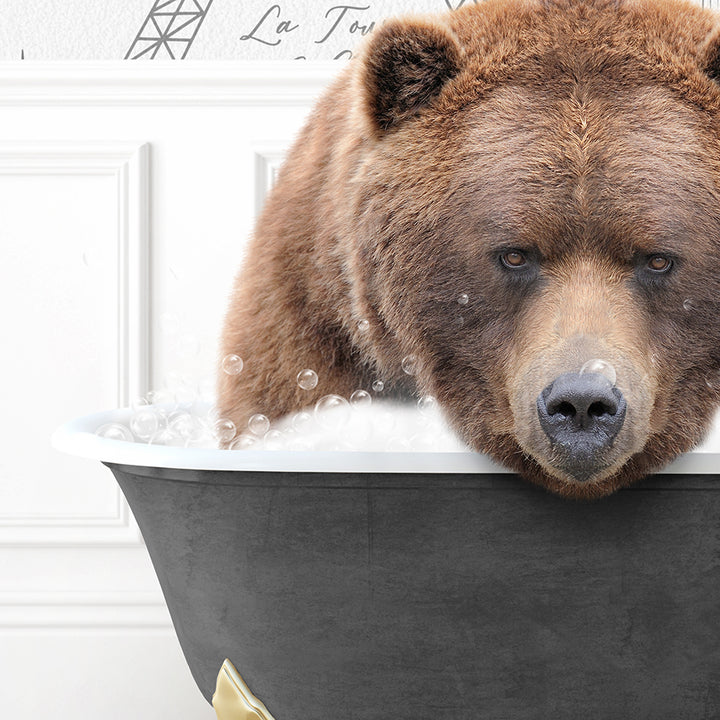 a large brown bear laying in a bath tub