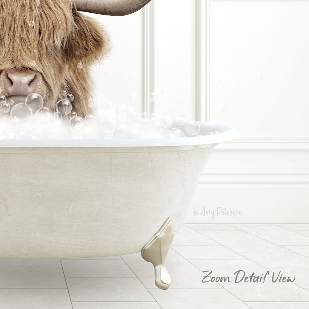 A large, furry animal, possibly a bison or a yak, is sitting in a white bathtub filled with bubbles, creating a whimsical and playful scene.