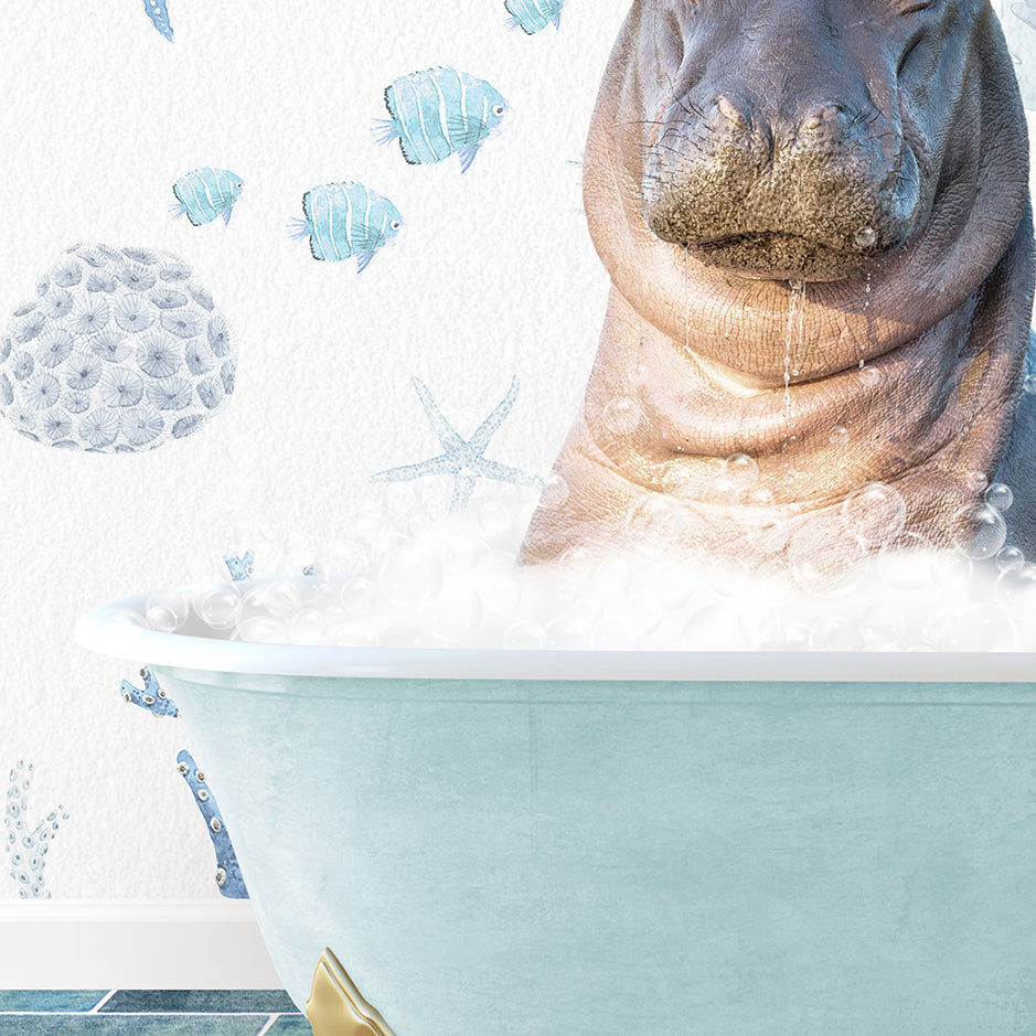 a hippopotamus sitting in a bathtub with bubbles