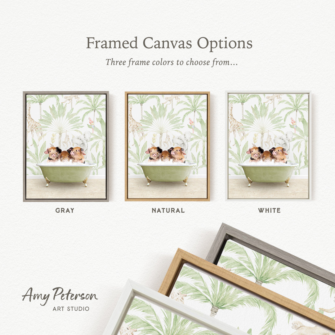three framed canvas options, each featuring a different color and frame style. The options include a gray frame, a natural frame, and a white frame, each with a different background design.