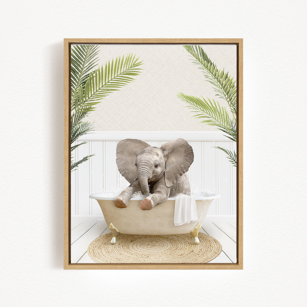 A baby elephant sitting in a bathtub, surrounded by palm leaves, creating a whimsical and playful scene.