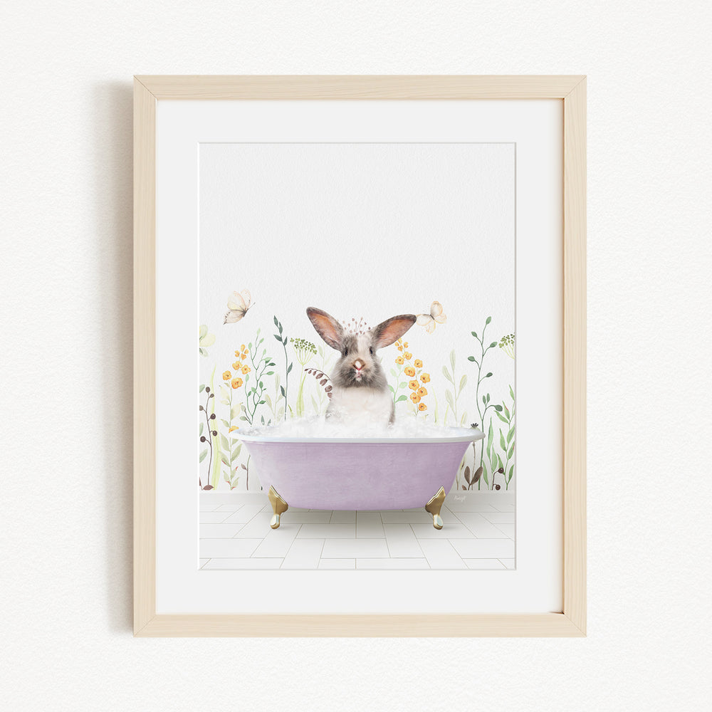 A white rabbit sitting in a purple bathtub filled with bubbles, surrounded by flowers and butterflies.