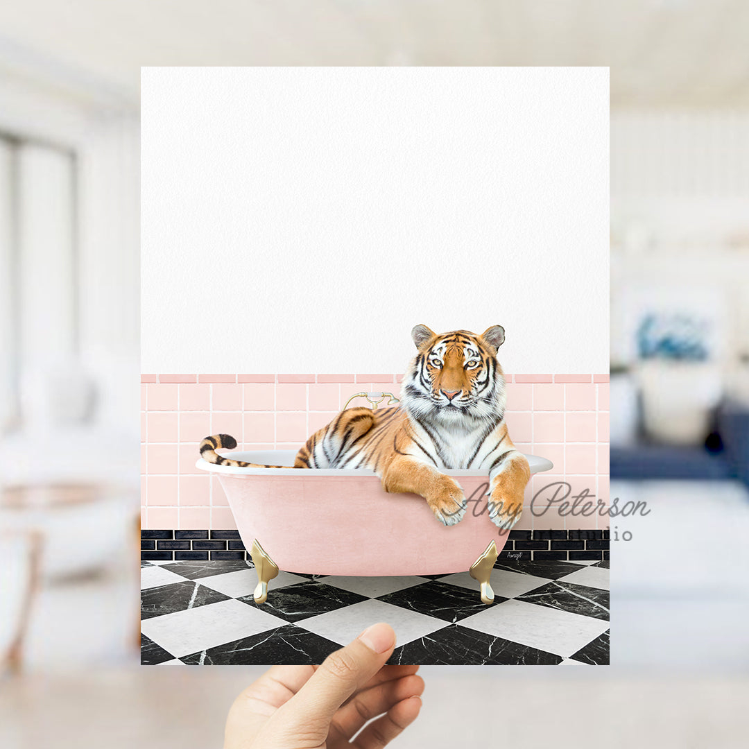 a person holding a card with a picture of a tiger in a bathtub