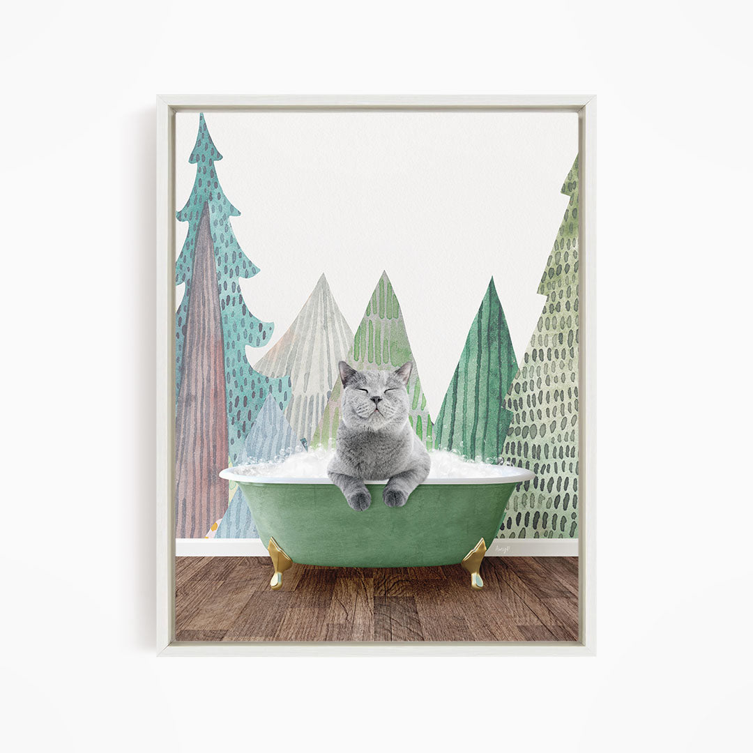 A gray cat sitting in a green bathtub, surrounded by stylized trees in various shades of green and brown.