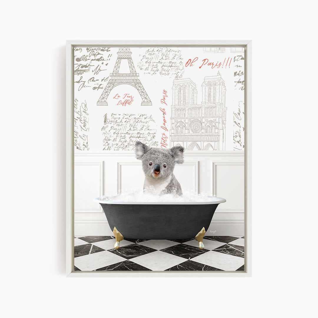 A koala bear sitting in a bathtub filled with water, surrounded by a Paris-themed background with the Eiffel Tower and other Parisian landmarks.