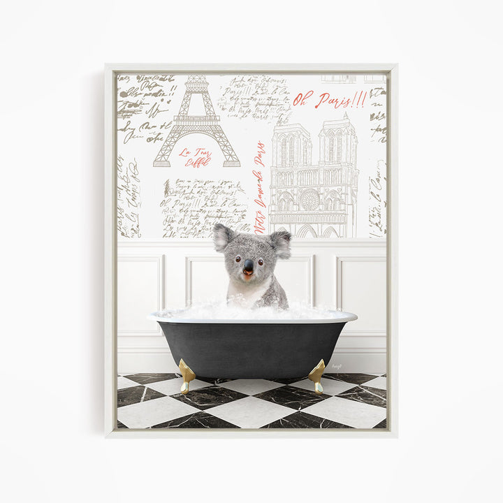 A koala bear sitting in a bathtub filled with water, surrounded by a Paris-themed background with the Eiffel Tower and other Parisian landmarks.