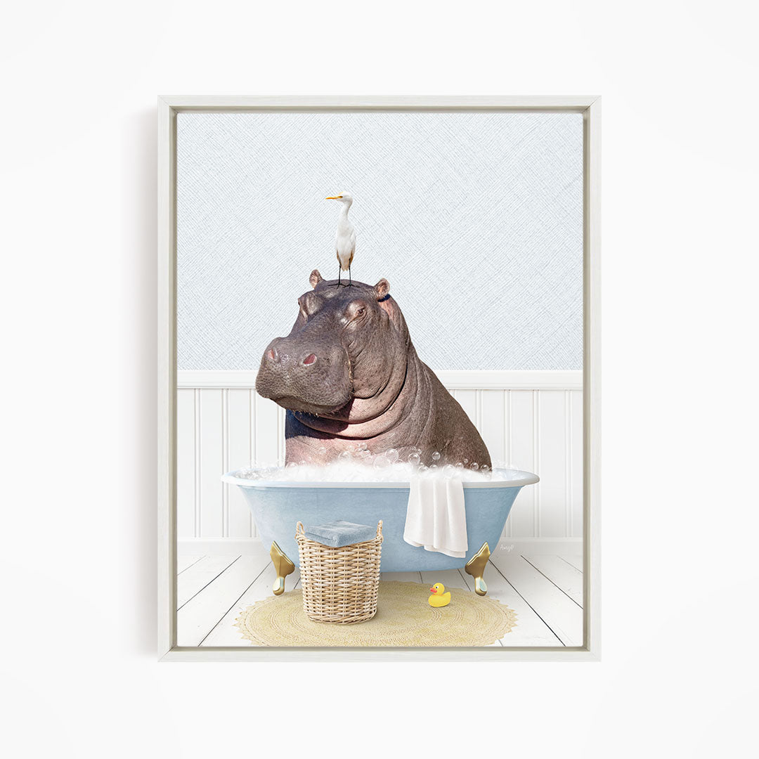 A large hippopotamus sitting in a bathtub, with a bird perched on its head.