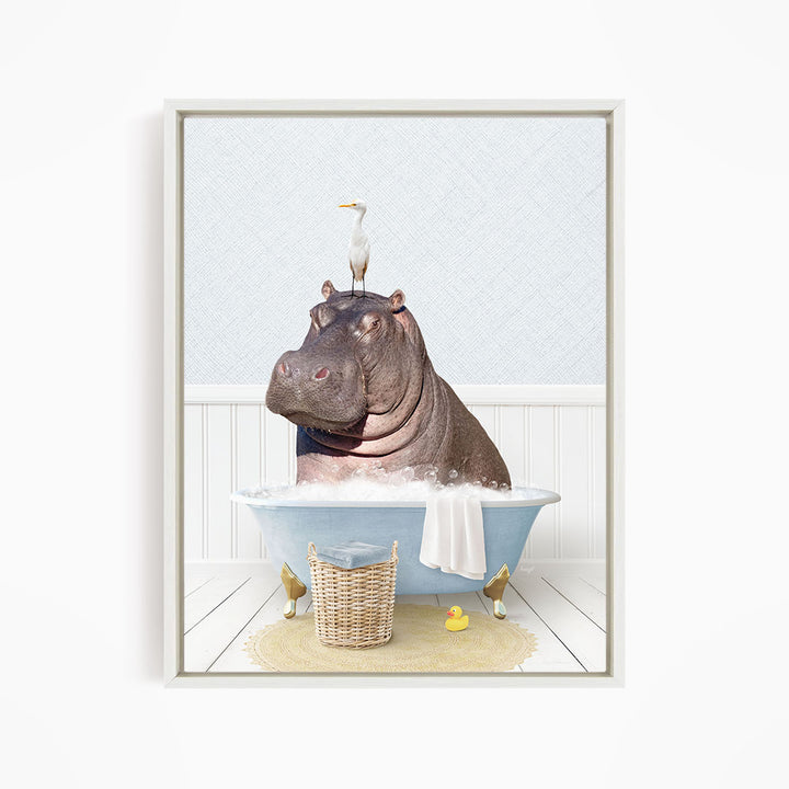 A large hippopotamus sitting in a bathtub, with a bird perched on its head.