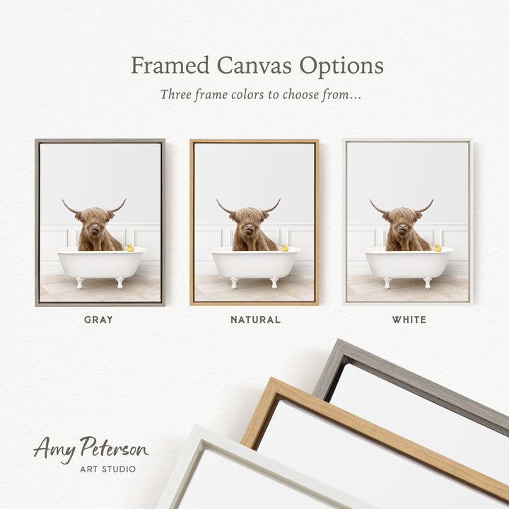three framed canvas options, each featuring a picture of a brown cow sitting in a white bathtub. The options include a gray frame, a natural frame, and a white frame.