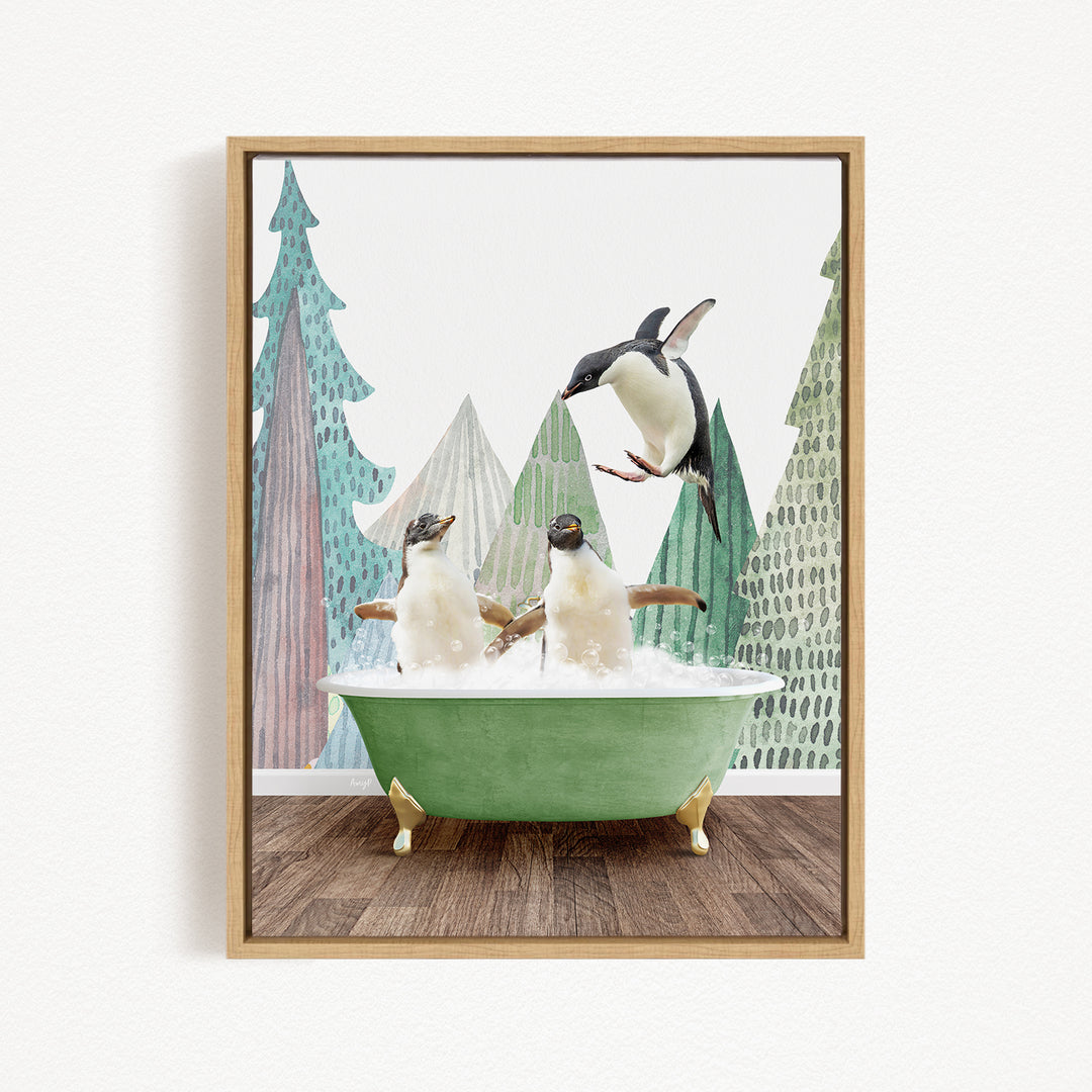 A framed image depicting two penguins sitting in a green bathtub, surrounded by a snowy landscape with trees and a bird in mid-flight.