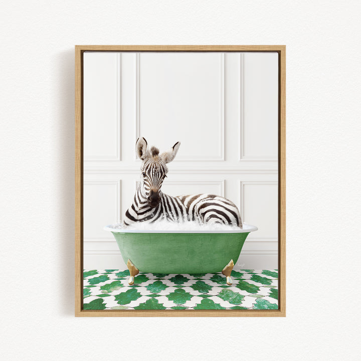 A zebra is sitting in a green bathtub, surrounded by a patterned green and white floor.