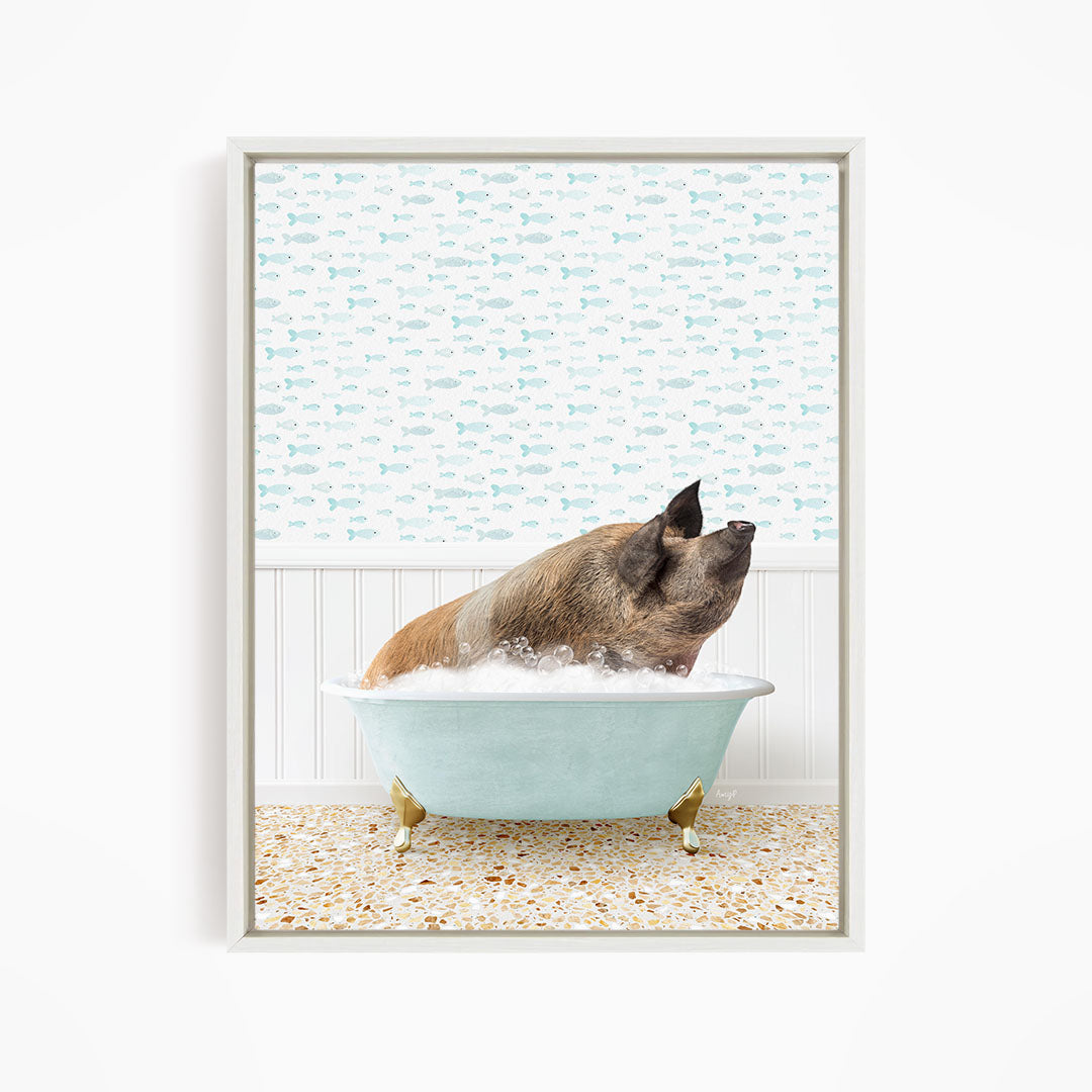 A pig sitting in a bathtub filled with water, surrounded by a pattern of fish.