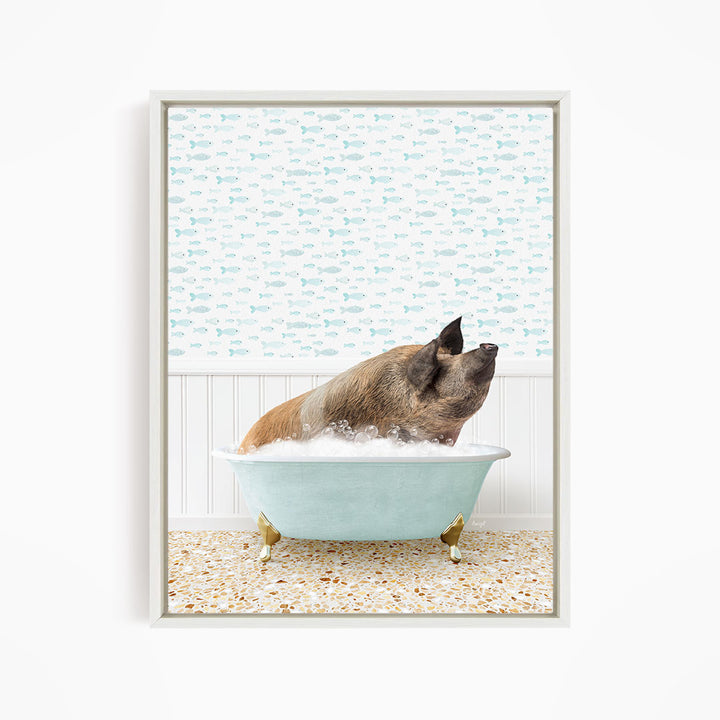 A pig sitting in a bathtub filled with water, surrounded by a pattern of fish.