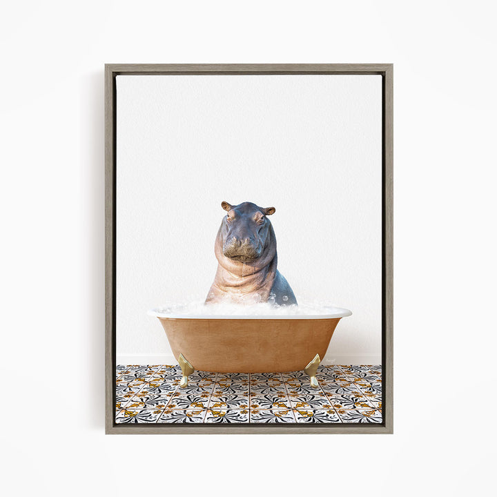 A hippopotamus sitting in a bathtub filled with water, surrounded by a patterned tile floor.