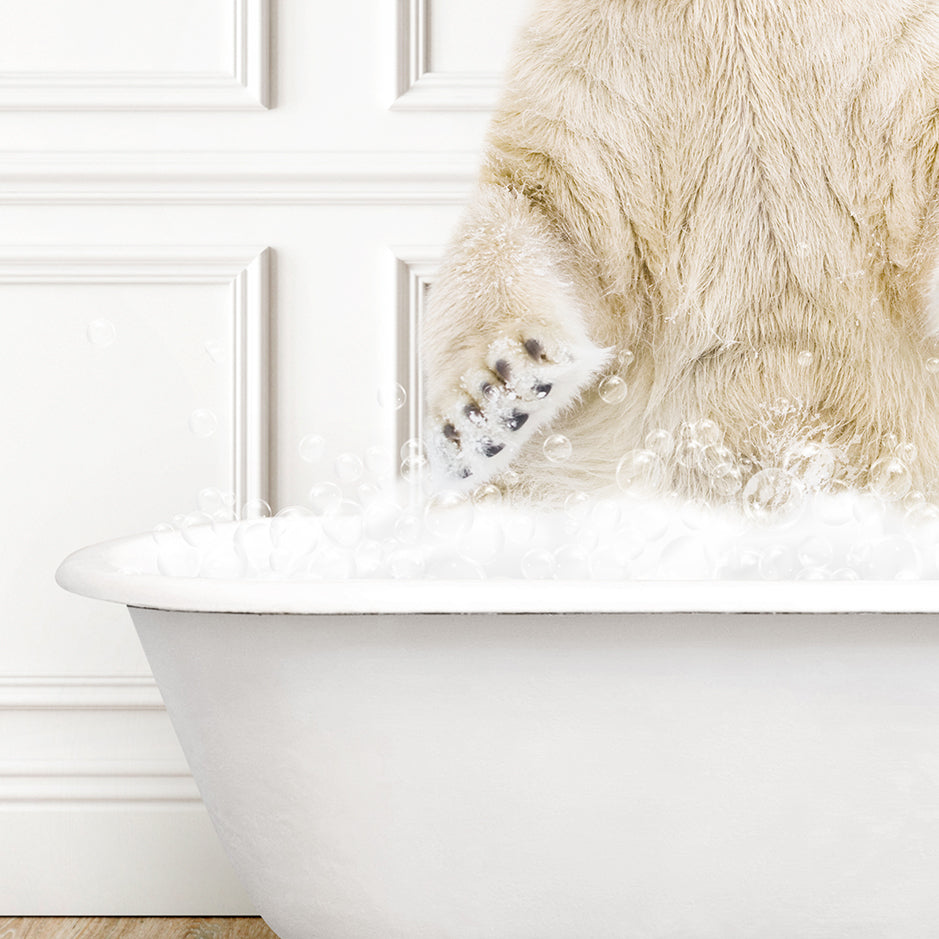 a polar bear standing on its hind legs in a bathtub