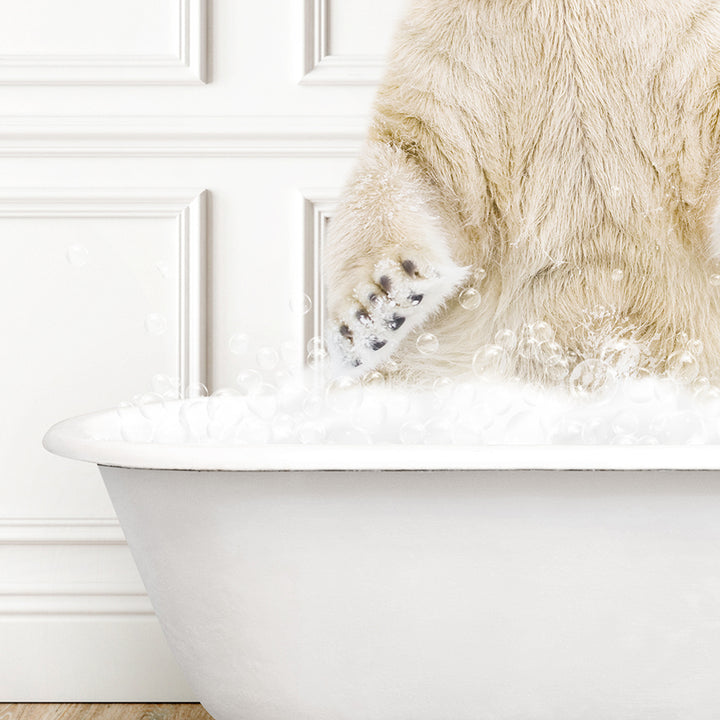 a polar bear standing on its hind legs in a bathtub