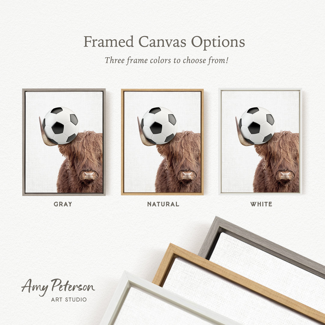 The image is a framed canvas option featuring three different color options for a framed picture of a cow with a soccer ball on its head.