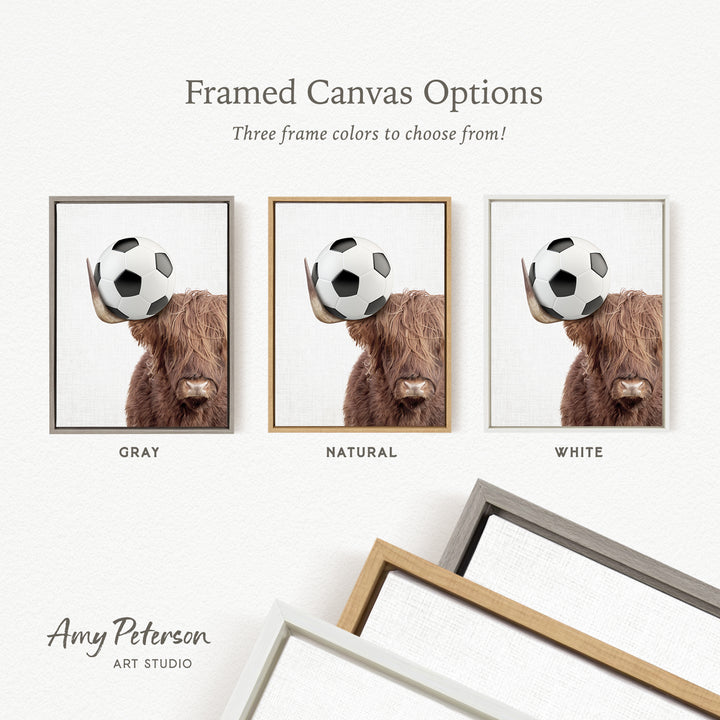 The image is a framed canvas option featuring three different color options for a framed picture of a cow with a soccer ball on its head.