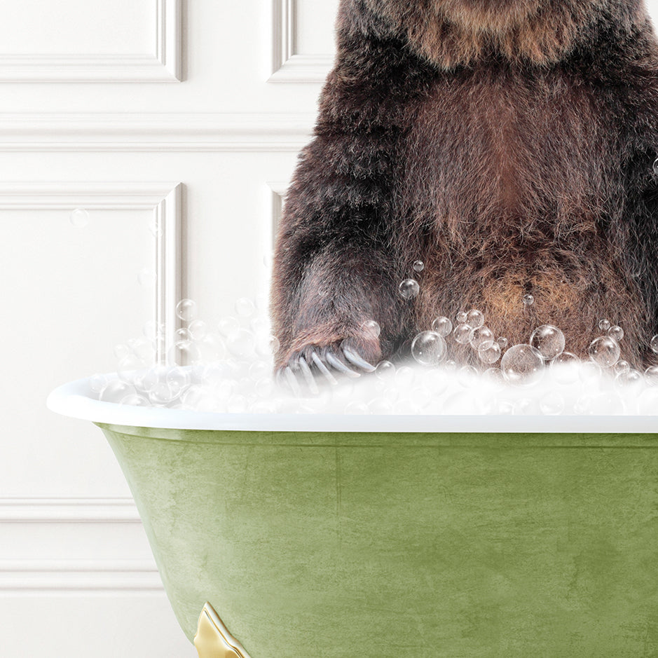 a brown bear sitting in a bath tub filled with bubbles