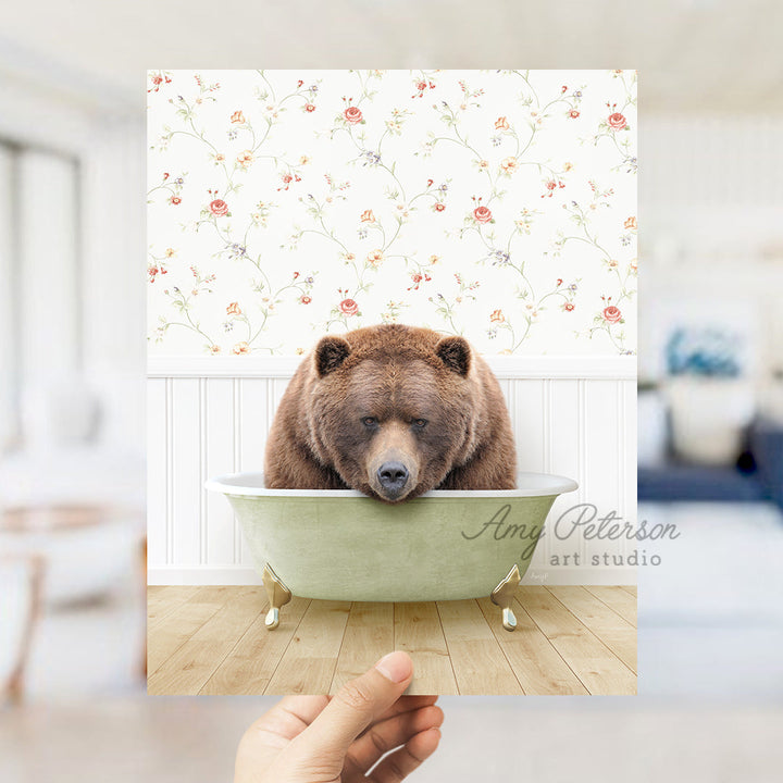 a bear is taking a bath in a bathtub