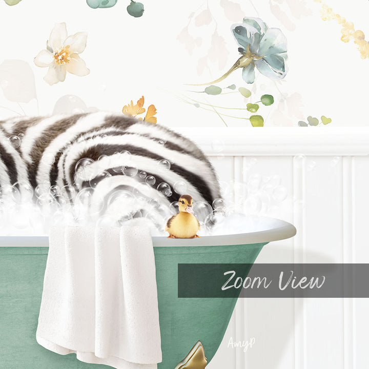 A zebra lying in a bathtub with a small yellow bird perched on its back, surrounded by a floral wallpaper.