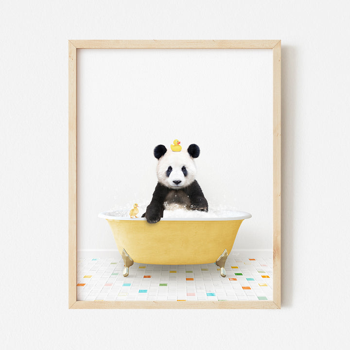 a panda bear sitting in a bathtub with a crown on its head