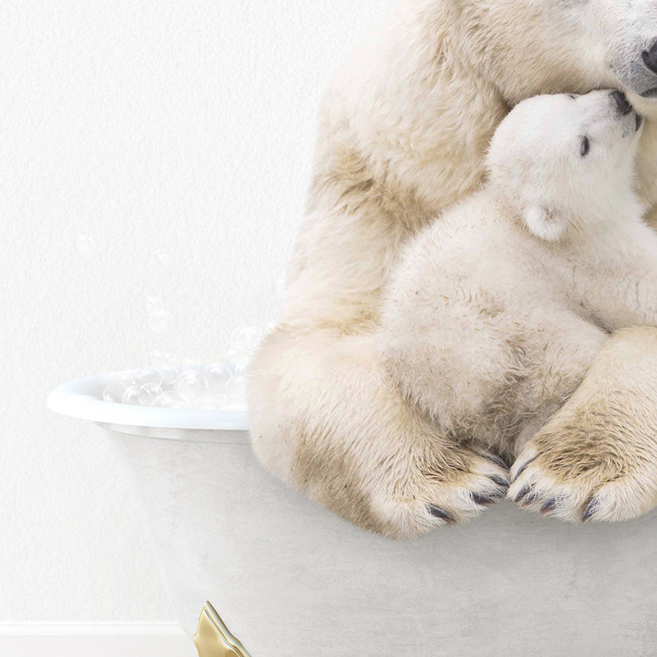 a mother polar bear holding her cub in a bathtub