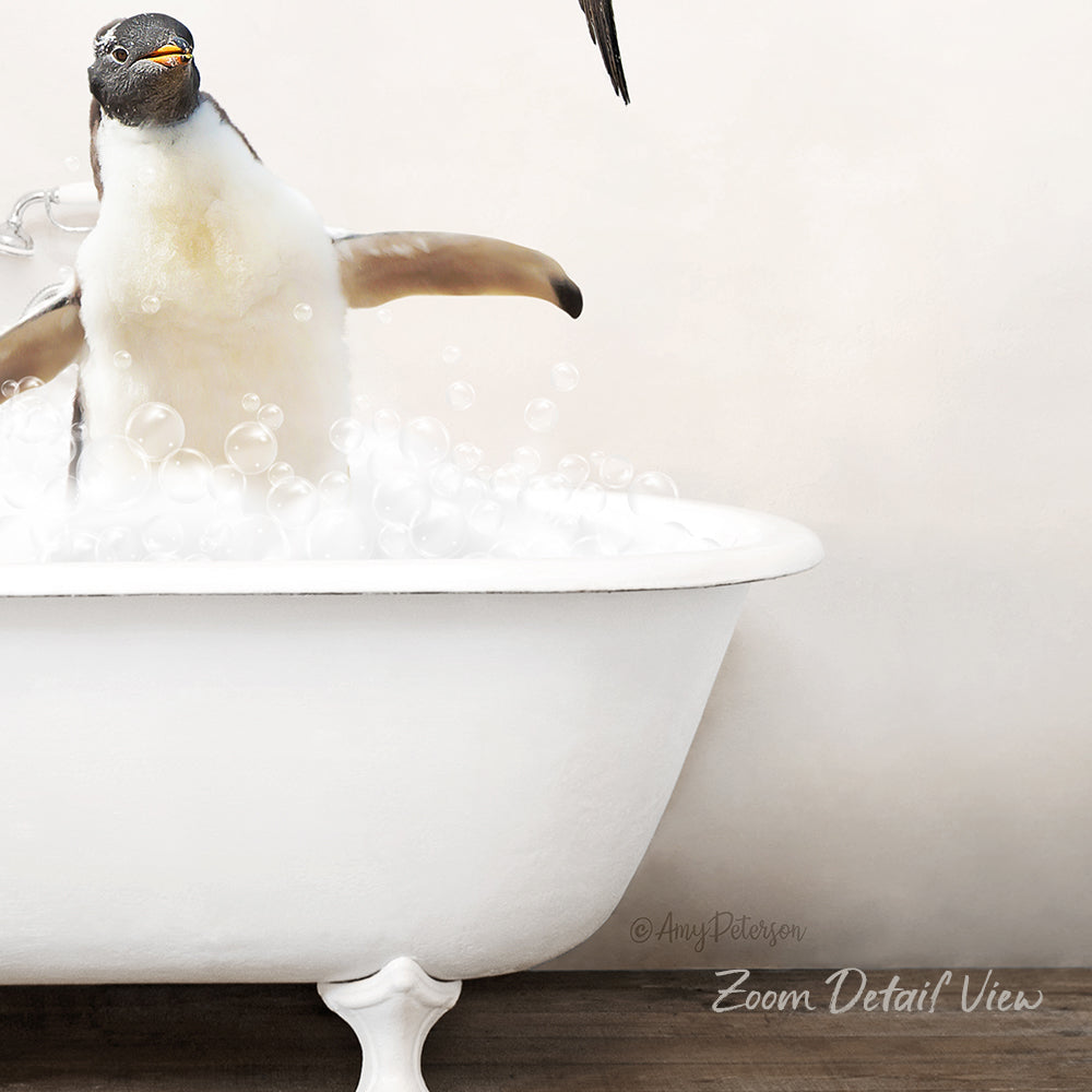 A penguin standing in a white bathtub filled with bubbles, enjoying a bath.