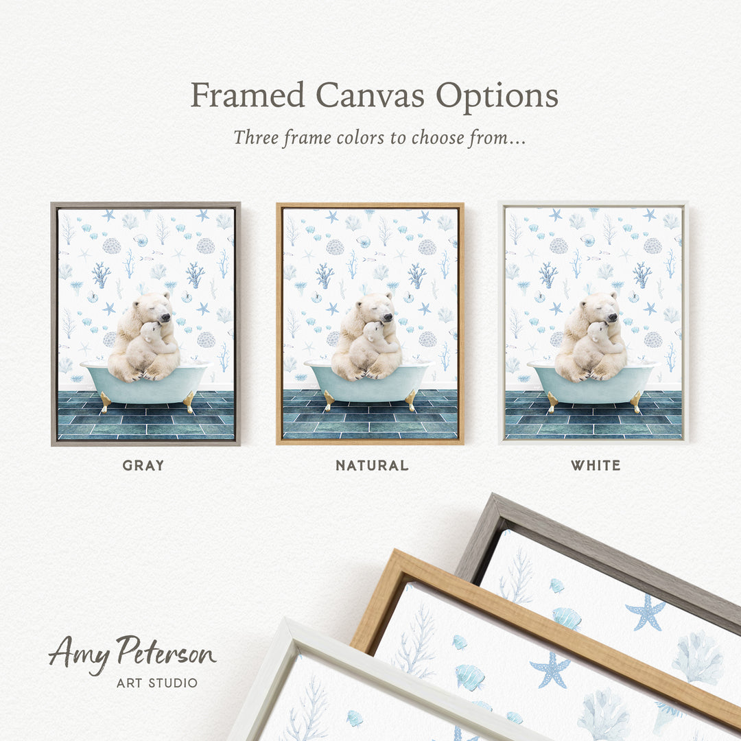 three framed canvas options featuring a polar bear sitting in a bathtub, with each option having a different frame color: gray, natural, and white.
