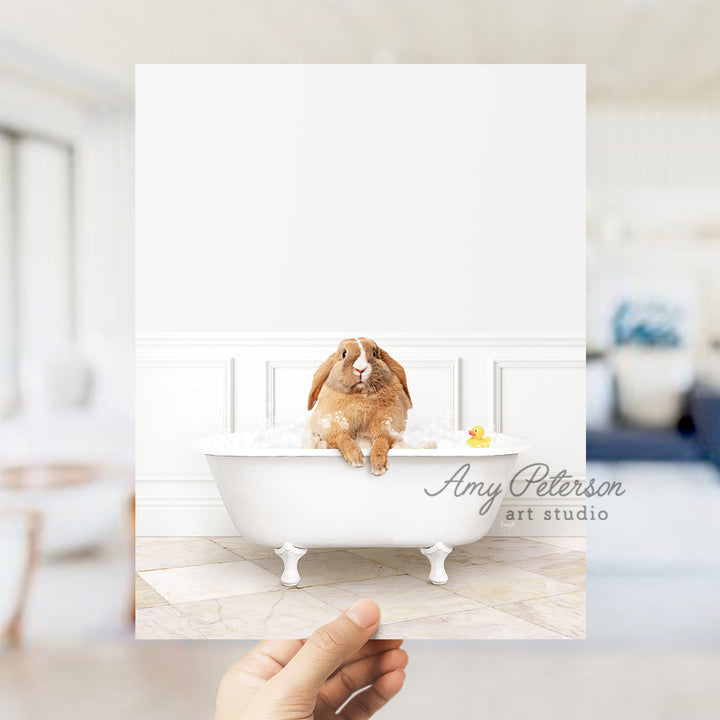 a person holding up a card with a picture of a dog in a bathtub