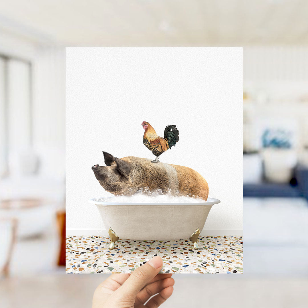 A rooster sits atop a pig in a bathtub, with a hand holding the image up to the camera.