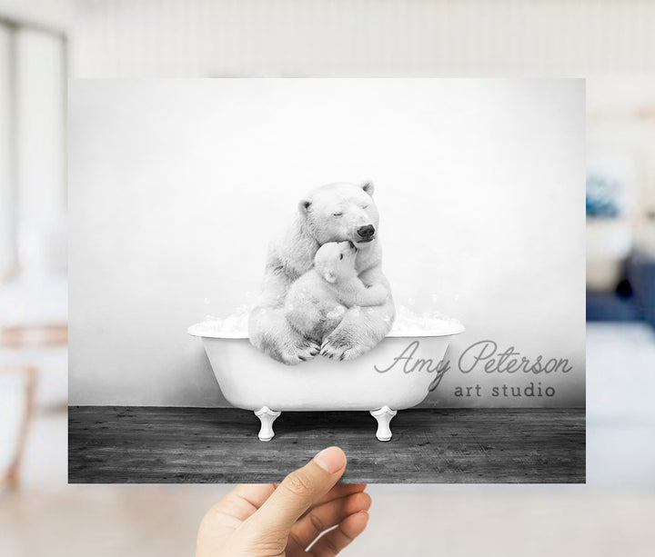 a person holding a polar bear in a bathtub