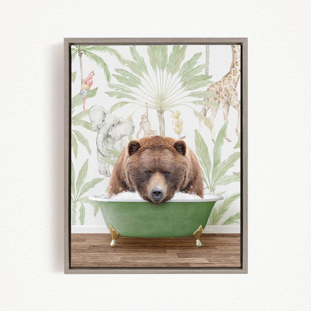 A brown bear is sitting in a green bathtub, surrounded by a tropical wallpaper with various animals such as a parrot, elephant, giraffe, and palm tree.