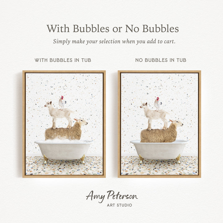 The image is a collage of two framed pictures, each depicting a sheep standing on a tub of bubbles. The text above the images reads "With Bubbles or No Bubbles" and below the images, it says "Simply make your selection when you add to cart."