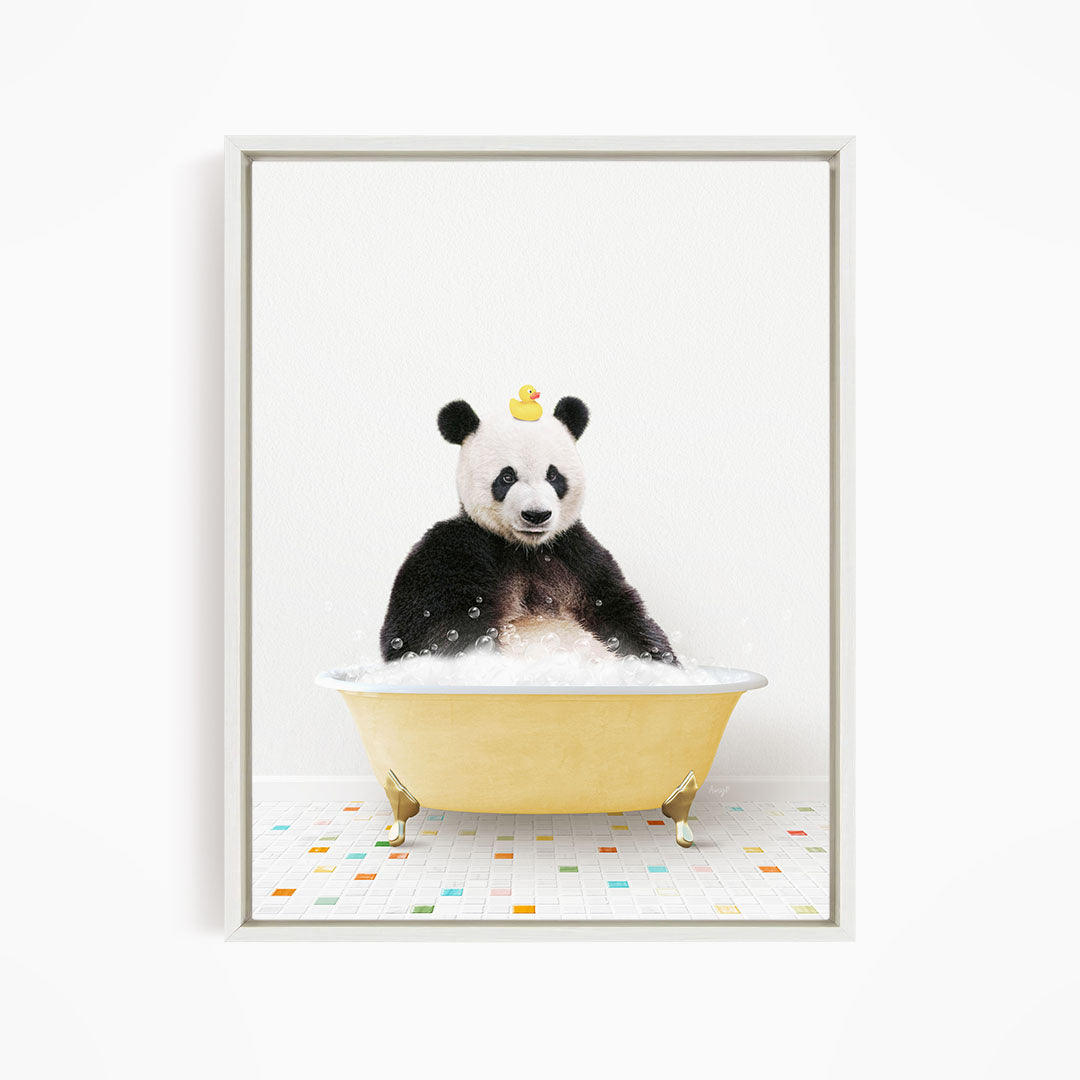A panda bear sitting in a yellow bathtub, with a rubber duck floating on its head.