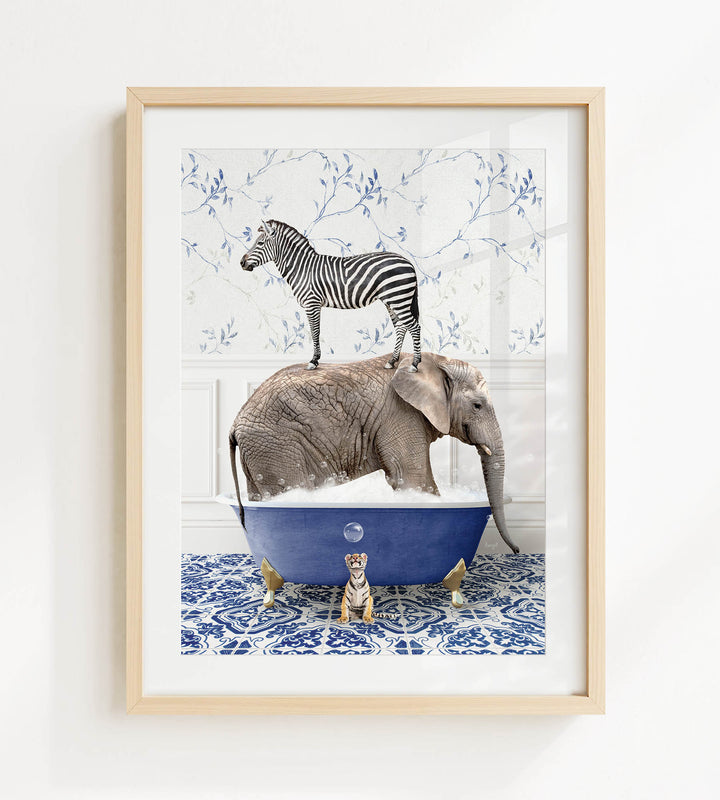 A zebra stands on the back of an elephant in a blue bathtub, with a tiger sitting in the tub as well.